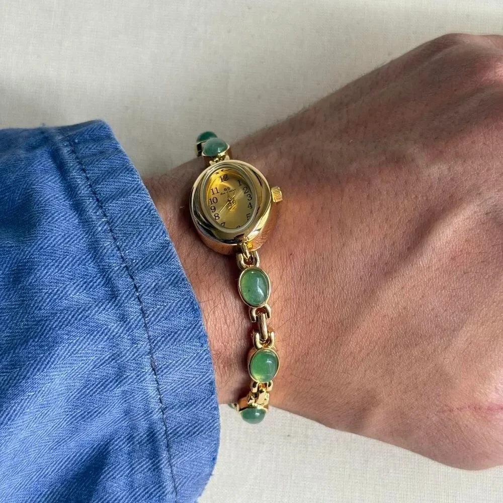 y2k cute gold round stainless steel quartz green stone charm watch